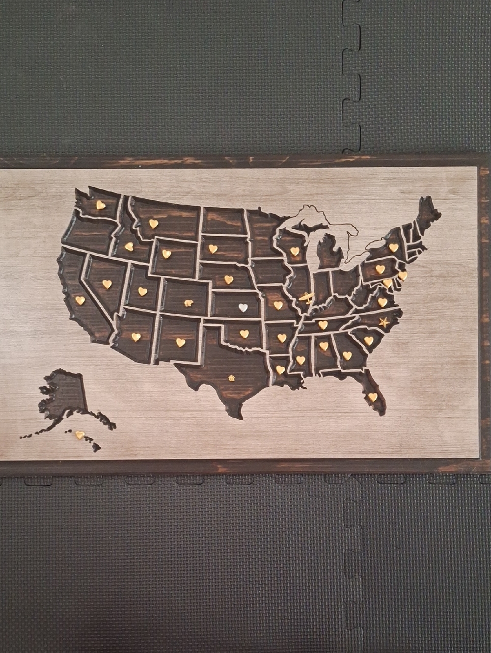 Wooden USA Map Wall Art with Gold Heart Markers Travel Road Trip Picture Maps
